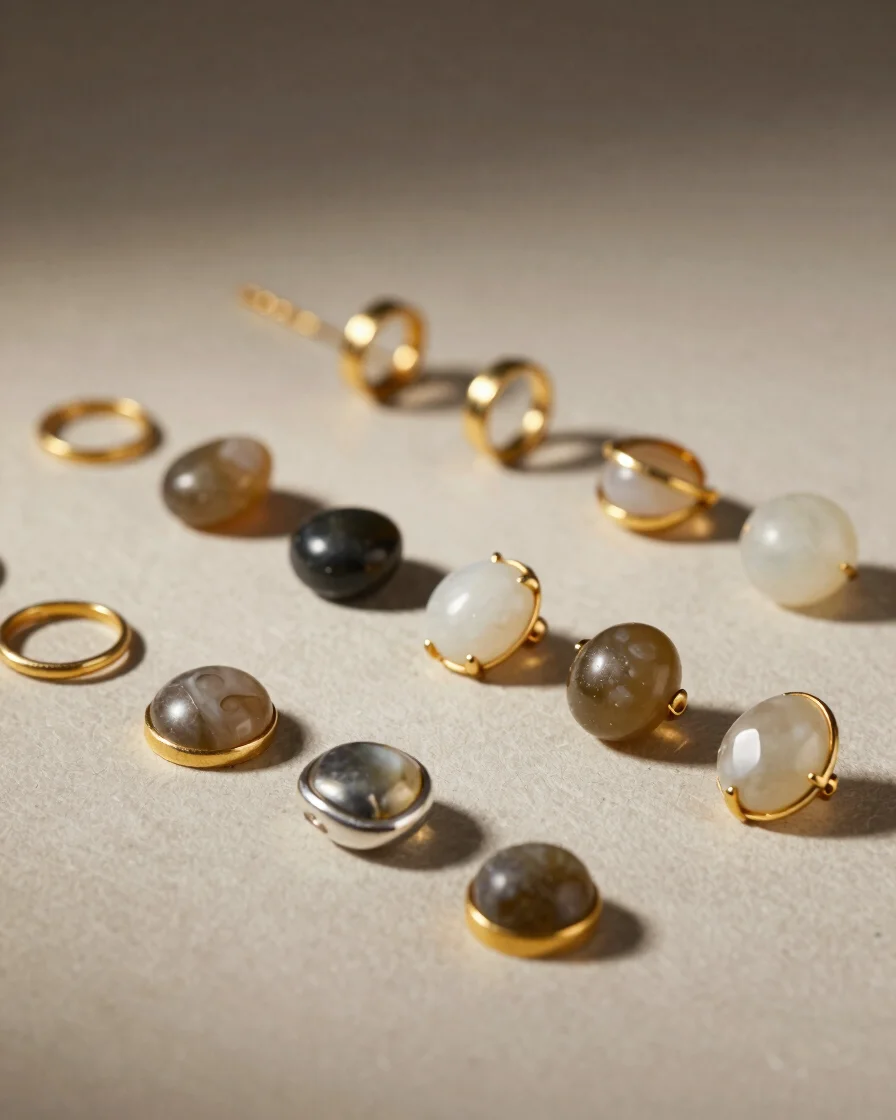 Macro studio photograph of gold and silver jewellery components beside polished precious and semi-precious stones, soft