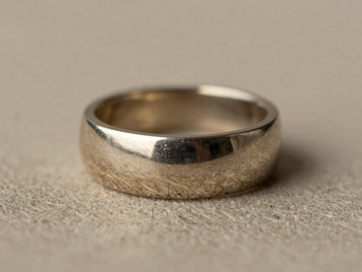 Macro studio photograph of a base metal jewellery piece with a precious metal cladding surface, soft directional light r
