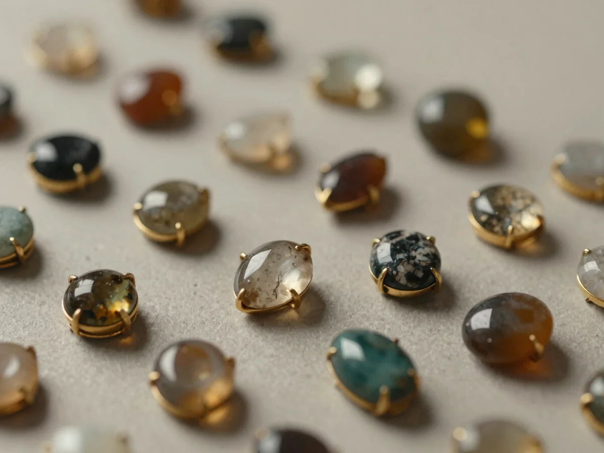 Macro detail of precious and semi-precious stones set in a gold metal setting, soft directional studio light, restrained
