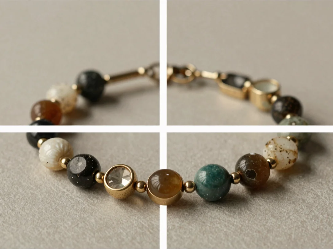 Editorial product study of a jewellery article combining metal, stone, and other materials, shown in full with soft dire