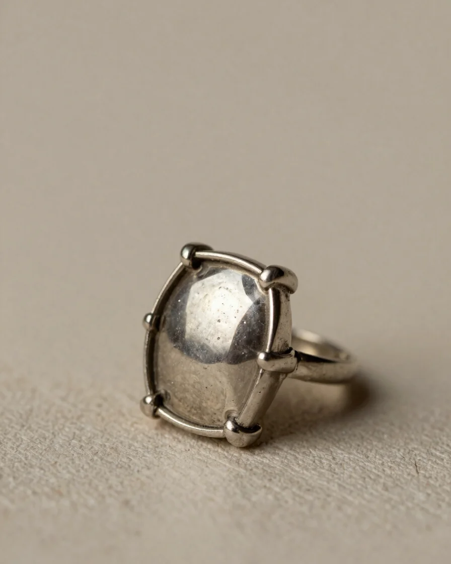 Macro studio photograph of a finished jewellery article showing polished metal surface texture and a securely mounted st