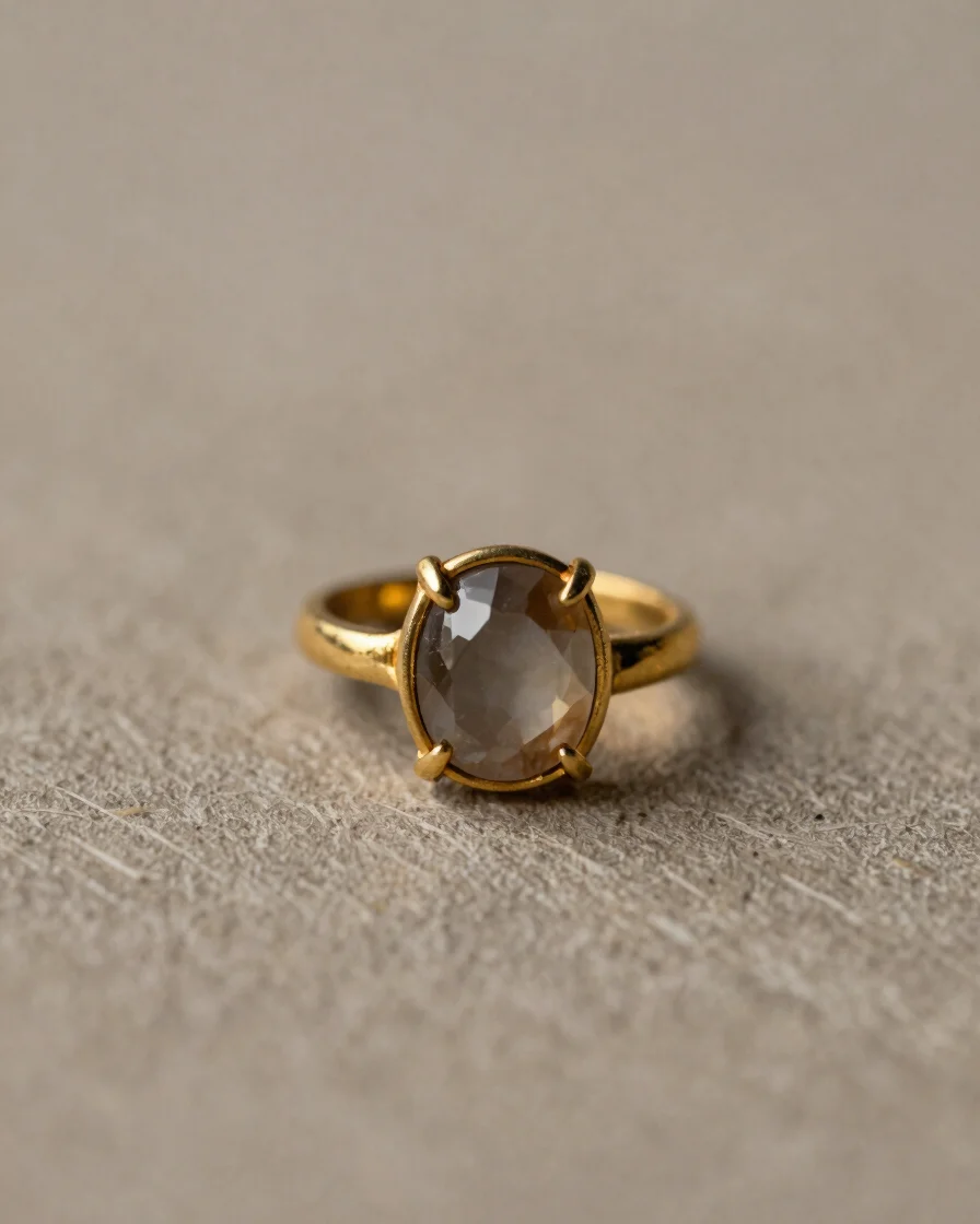 Macro editorial product photograph of a gold and silver jewellery piece with a set precious stone, soft directional stud